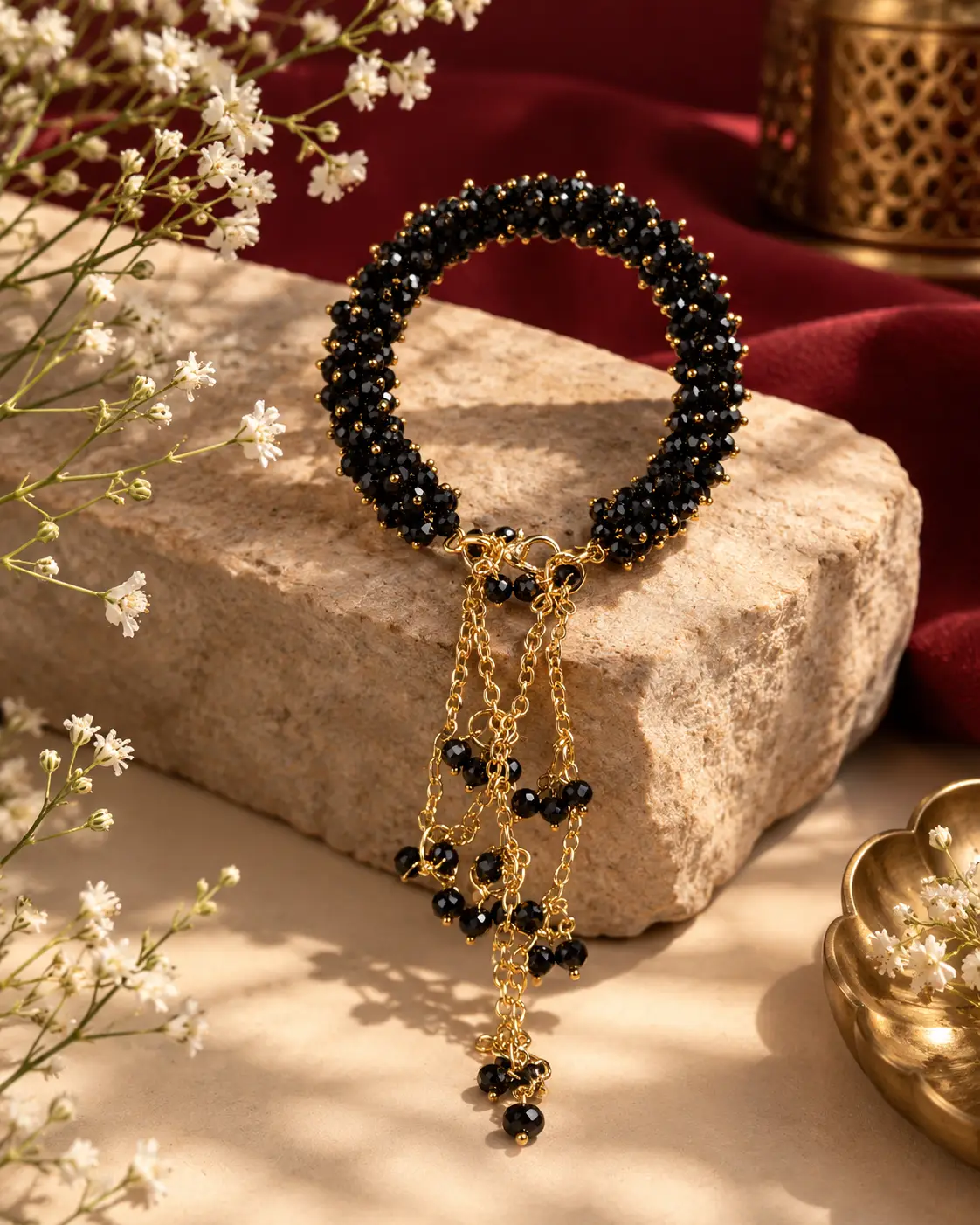 B7 Black Beaded Gold Chain Bracelet - Image 1