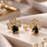 Heart Clover Black Stud Earrings