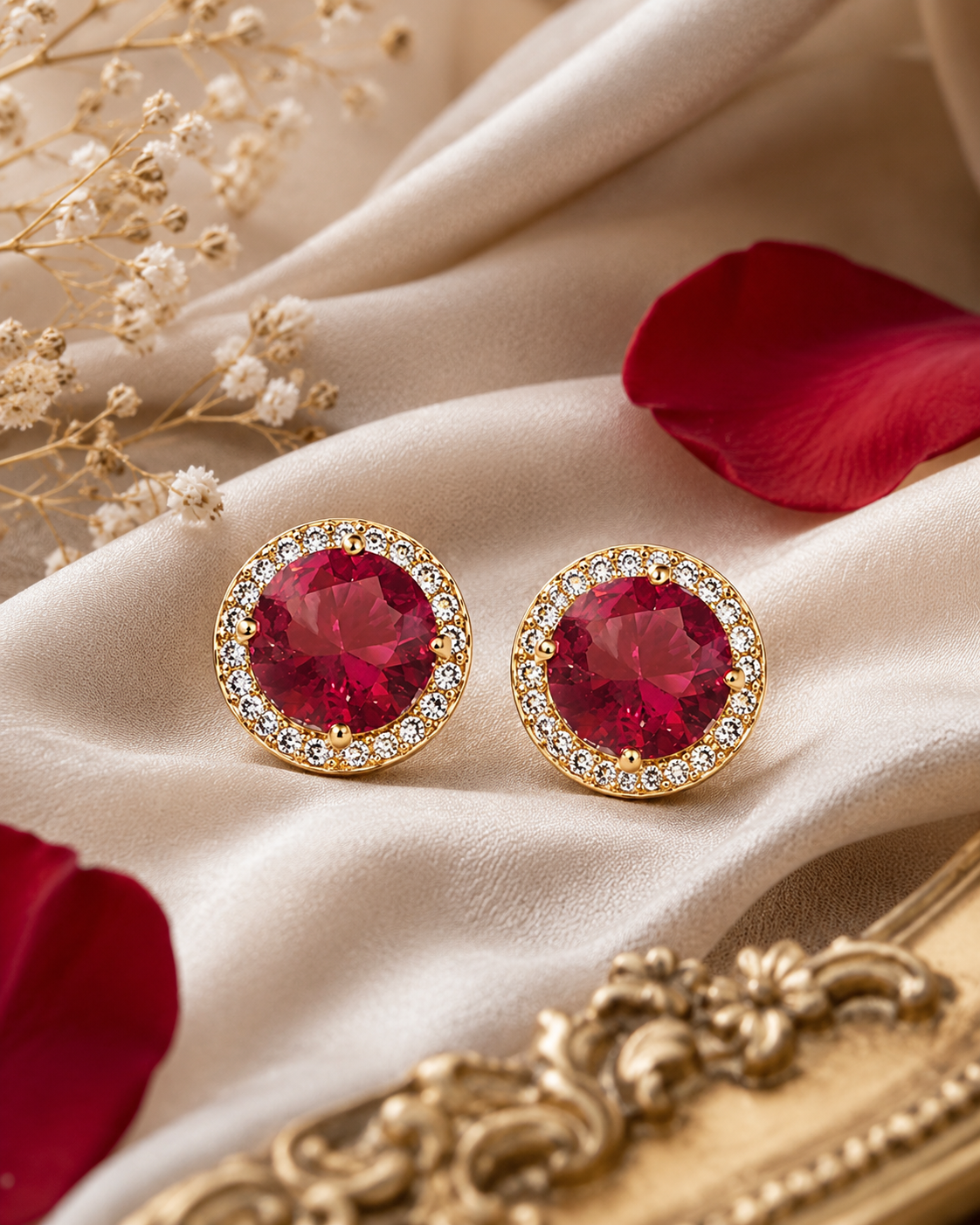 E7 Ruby Red Halo Stud Earrings - Image 1
