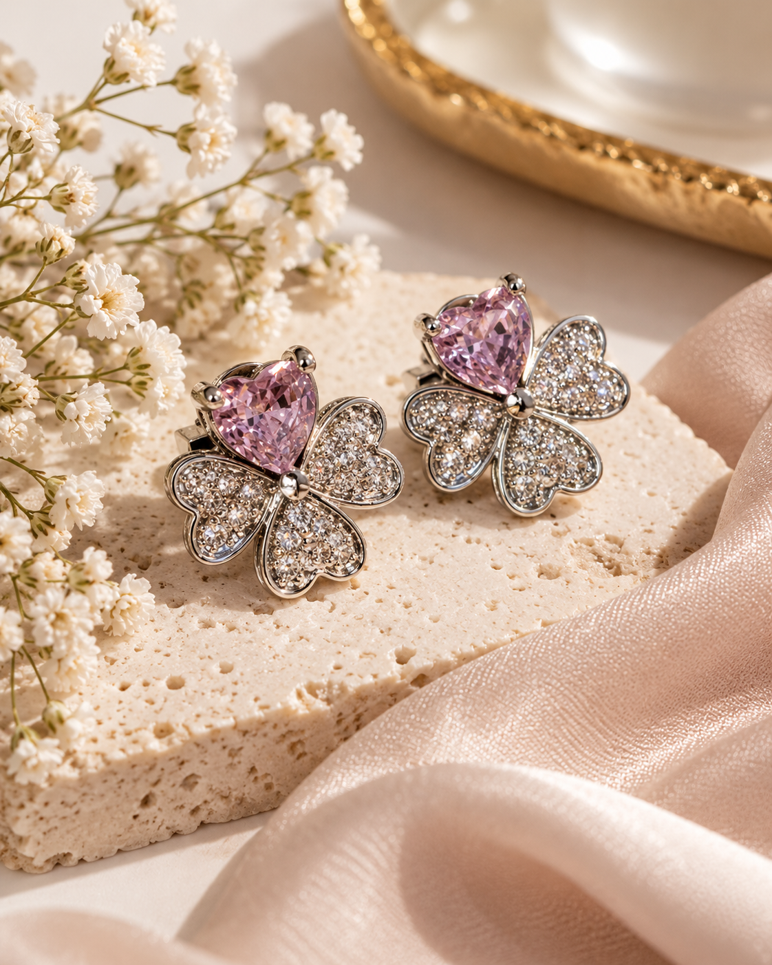 E9 Heart Clover Crystal Stud Earrings - Image 1