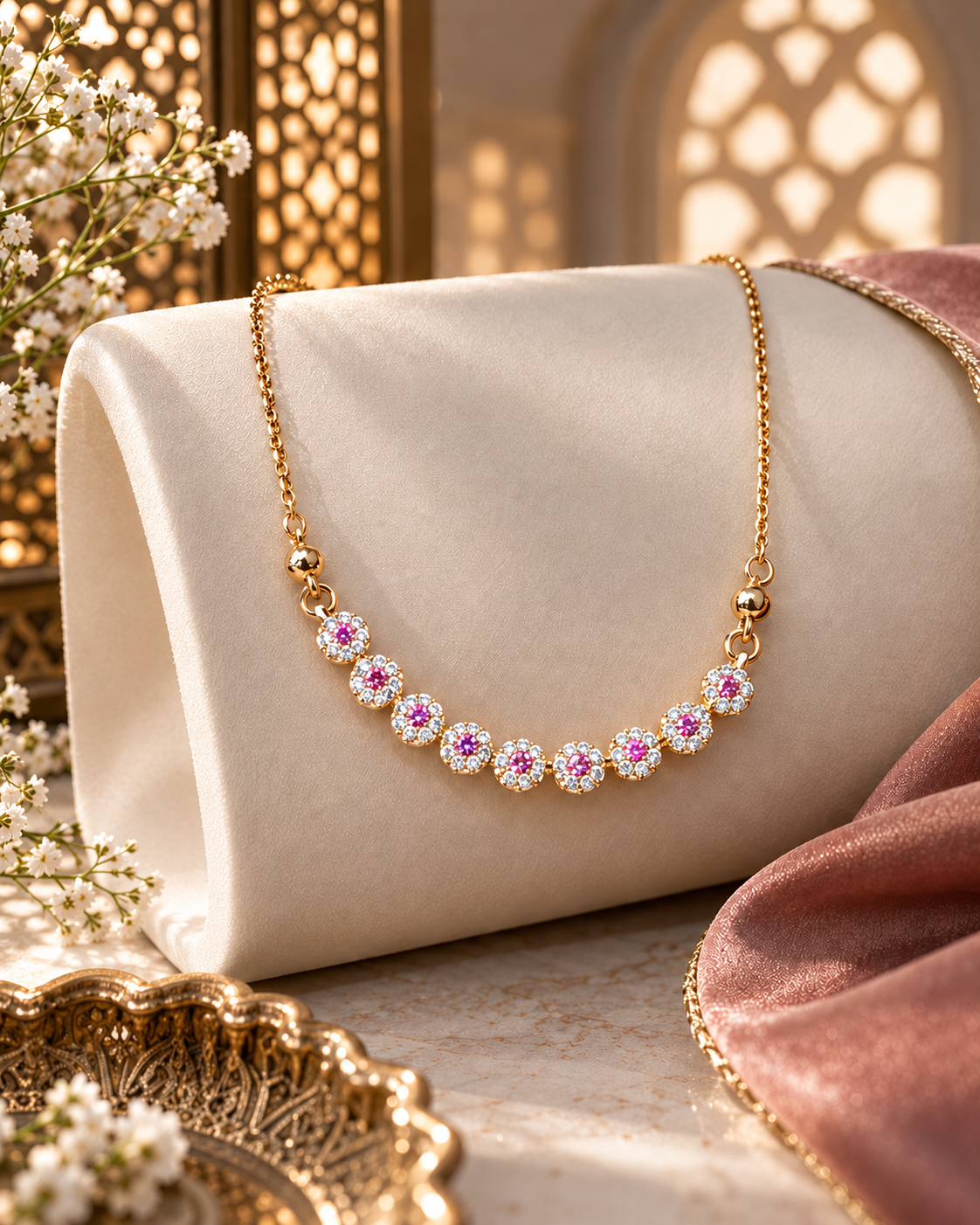 N3 Pink & White Stone Floral Necklace - Image 1