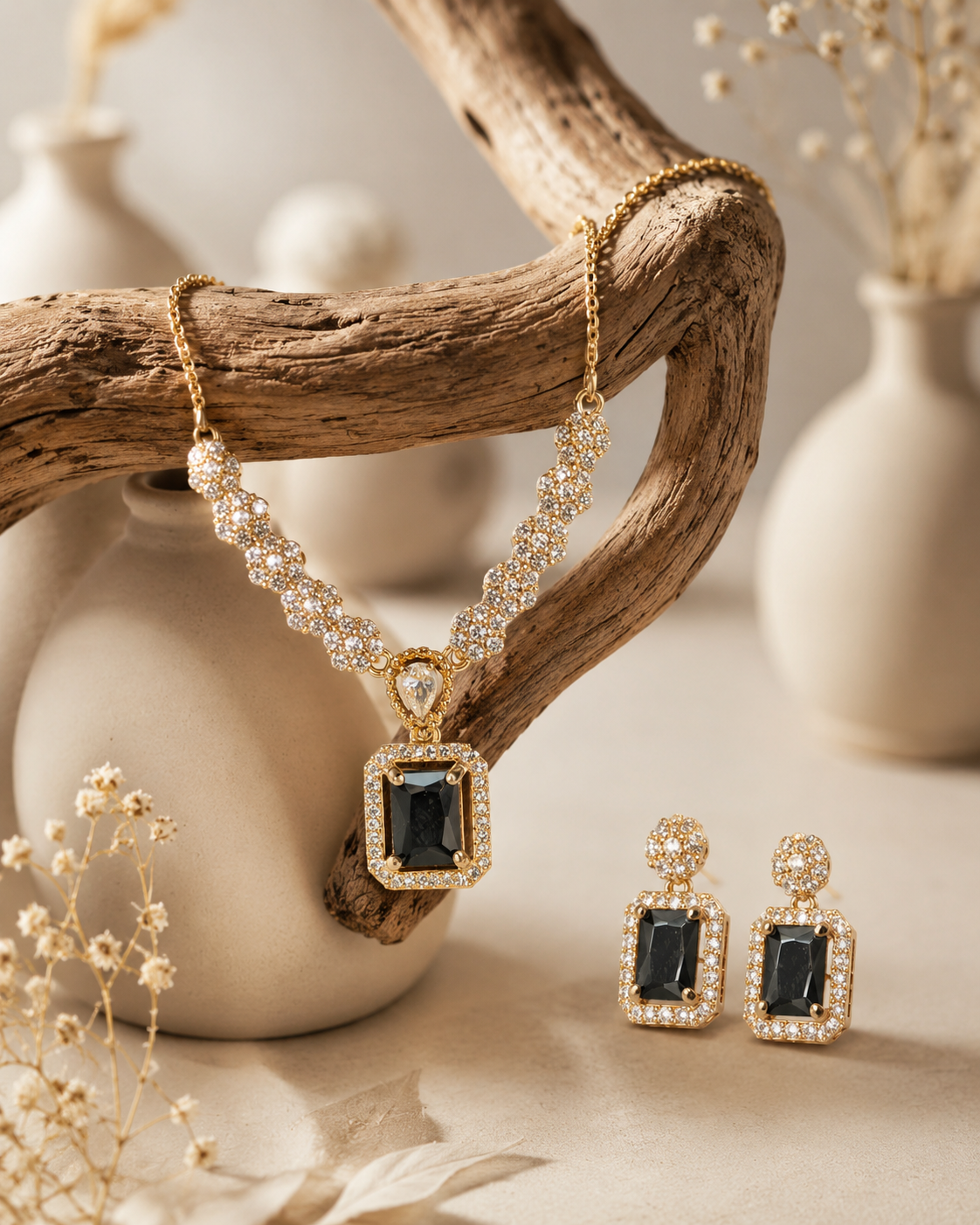 Square Set Black Square Stone Jewelry Set - Image 1