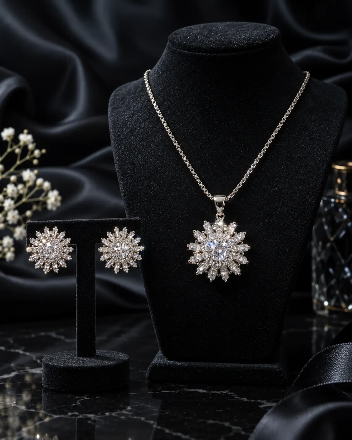 Y7 Silver Tone Floral Jewellery Set - Image 1